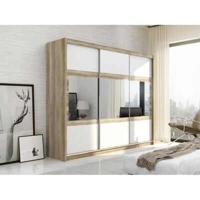 Armoire LEOVIA - Naturel et Blanc - 3 Portes Coulissantes avec Miroir - 250cm - Publicité Armoire LEOVIA - Naturel et Blanc - 3 Portes Coulissantes avec Miroir - 250cm - Publicité