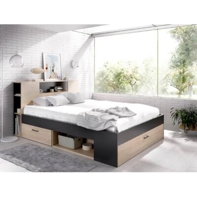 Lit de Rangement Leandre - 160x200 cm - Naturel & Anthracite Lit de Rangement Leandre - 160x200 cm - Naturel & Anthracite