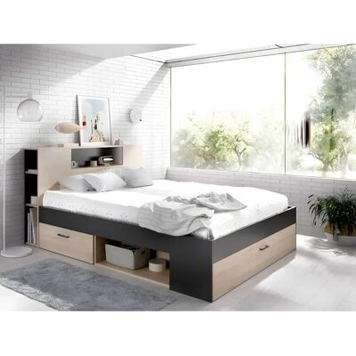 Uniek Bed met Opberghoek - 140x190cm - Natuurlijke en Antraciet Uniek Bed met Opberghoek - 140x190cm - Natuurlijke en Antraciet