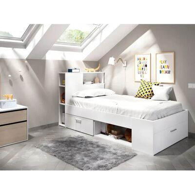 Vente-unique Lit avec tête de lit de rangement - 90x190 - Blanc Vente-unique Lit avec tête de lit de rangement - 90x190 - Blanc