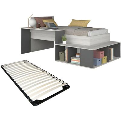 Vente-unique - Bed met opbergruimte en bureau - Natuurlijk & Antraciet - 90x200cm Vente-unique - Bed met opbergruimte en bureau - Natuurlijk & Antraciet - 90x200cm