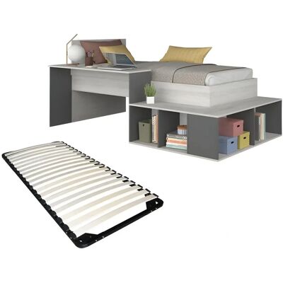 Vente-unique - Lit avec rangement et bureau - Naturel & Anthracite - 90x200cm Vente-unique - Lit avec rangement et bureau - Naturel & Anthracite - 90x200cm