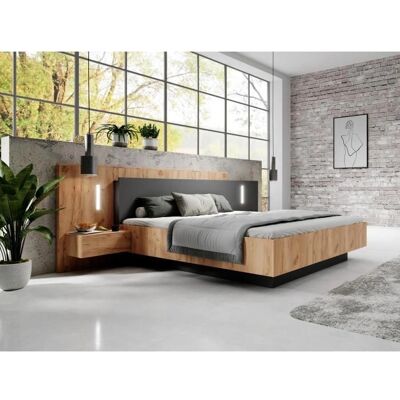 Lit Vente-unique Naturel et Anthracite - 160x200 - LED - 2 Tiroirs - Publicité Lit Vente-unique Naturel et Anthracite - 160x200 - LED - 2 Tiroirs - Publicité