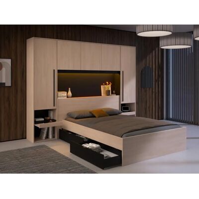 Vente-unique Bett mit Stauraum - LED - Natur/Schwarz - 140x190 cm Vente-unique Bett mit Stauraum - LED - Natur/Schwarz - 140x190 cm