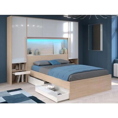 Lit VELONA avec Rangement & LED - Naturel & Blanc - 140x190 cm - Publicité Lit VELONA avec Rangement & LED - Naturel & Blanc - 140x190 cm - Publicité