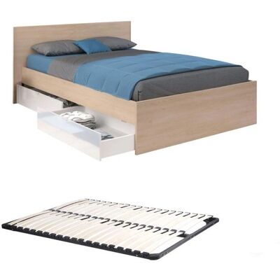 Vente-unique Bed with 2 Drawers 140x190 - Natural & White Brillant + Slatted Frame Vente-unique Bed with 2 Drawers 140x190 - Natural & White Brillant + Slatted Frame