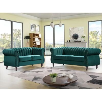 VENTE-UNIQUE Smaragdgrüner Samtvelours Chesterfield Sofa 3-2 Sitze VENTE-UNIQUE Smaragdgrüner Samtvelours Chesterfield Sofa 3-2 Sitze