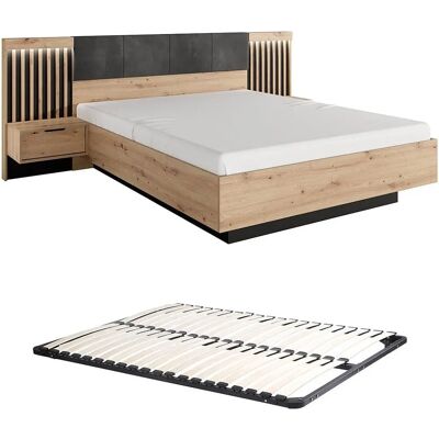 Vente-unique Bed with Nightstands 160x200cm - LEDs - Natural & Black - Slatted Frame - ARIADA Vente-unique Bed with Nightstands 160x200cm - LEDs - Natural & Black - Slatted Frame - ARIADA