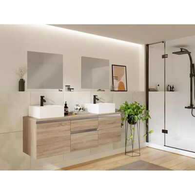 Meuble de salle de bain avec double lavabo - Naturel clair - 150cm - Vente-unique - Publicité Meuble de salle de bain avec double lavabo - Naturel clair - 150cm - Vente-unique - Publicité