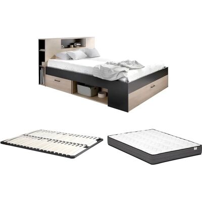 Vente-unique - Bed met opberghoofdbord - 160x200cm - Natuur & Antraciet - Matras & Lattenbodem Vente-unique - Bed met opberghoofdbord - 160x200cm - Natuur & Antraciet - Matras & Lattenbodem
