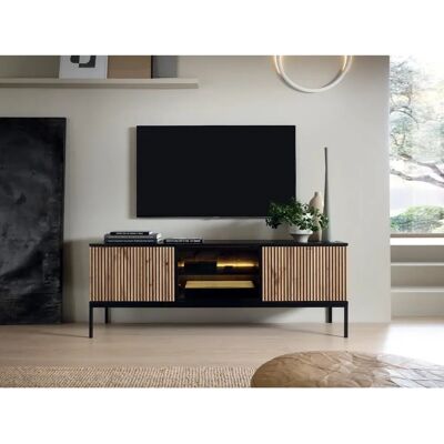 Meuble TV Moderne OVILA avec LED - Noir et Naturel Clair - 3 Portes - Publicité Meuble TV Moderne OVILA avec LED - Noir et Naturel Clair - 3 Portes - Publicité