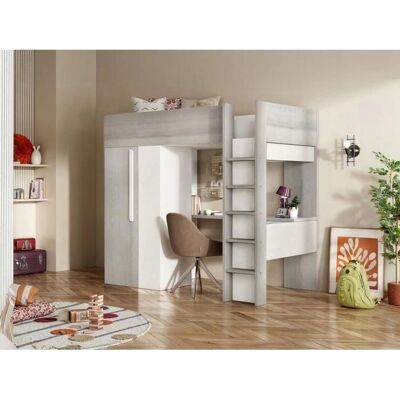 Vente-unique Lit mezzanine 90x200 cm avec armoire et bureau - Gris clair et blanc - Lit en hauteur - Publicité Vente-unique Lit mezzanine 90x200 cm avec armoire et bureau - Gris clair et blanc - Lit en hauteur - Publicité