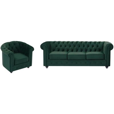 Vente-unique Canapé et fauteuil en velours vert Chesterfield - Publicité Vente-unique Canapé et fauteuil en velours vert Chesterfield - Publicité