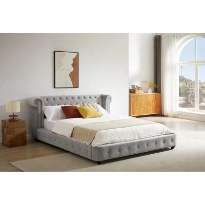 Vente-unique Tongerla Bett - Samt - Hellgrau - Chesterfield 160x200cm Vente-unique Tongerla Bett - Samt - Hellgrau - Chesterfield 160x200cm