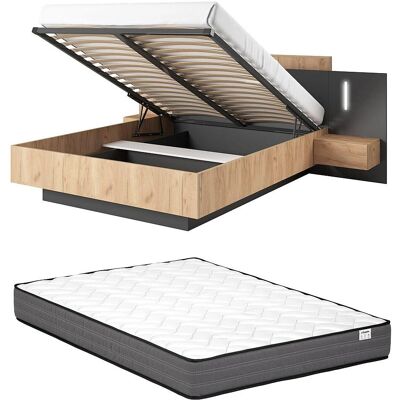FRANCOLI Bett mit Stauraum und Nachttischen - Natur/Anthrazit - 140x190cm FRANCOLI Bett mit Stauraum und Nachttischen - Natur/Anthrazit - 140x190cm
