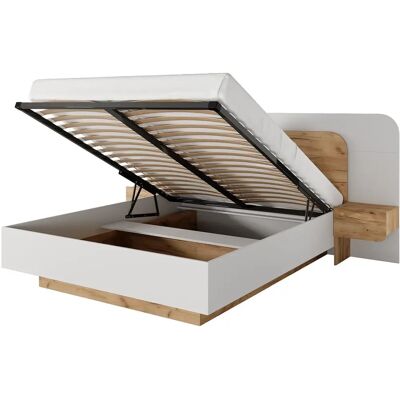 Cama canapé abatible Unique con mesitas - Con LEDs - Color natural y blanco - Colchón incluido Cama canapé abatible Unique con mesitas - Con LEDs - Color natural y blanco - Colchón incluido