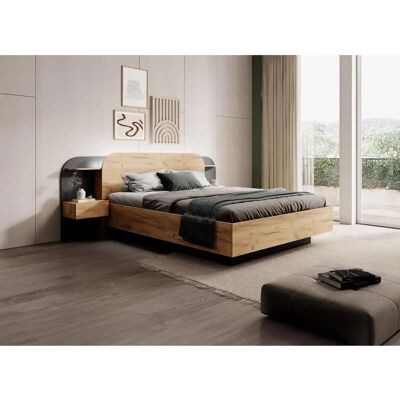 Vente-unique Bett mit Stauraum - 160x200cm - LED Beleuchtung - Natur & Schwarz - Juvisia Vente-unique Bett mit Stauraum - 160x200cm - LED Beleuchtung - Natur & Schwarz - Juvisia
