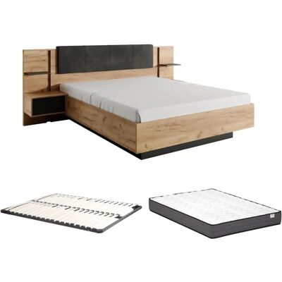 Vente-unique Lit avec chevets 140x190cm - LEDs - Naturel et anthracite - ELYNIA Vente-unique Lit avec chevets 140x190cm - LEDs - Naturel et anthracite - ELYNIA