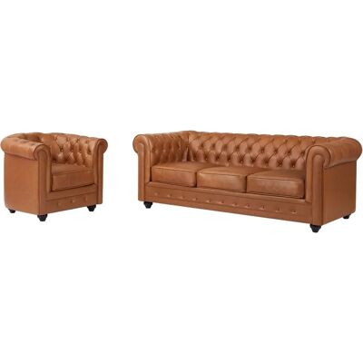Ensemble Canapé et Fauteuil Chesterfield en Cuir - Camel, 3 Places - Publicité Ensemble Canapé et Fauteuil Chesterfield en Cuir - Camel, 3 Places - Publicité