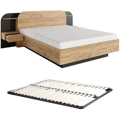 Vente-unique Bed with Nightstands 160x200cm - LEDs - Natural and Black - Slats Vente-unique Bed with Nightstands 160x200cm - LEDs - Natural and Black - Slats