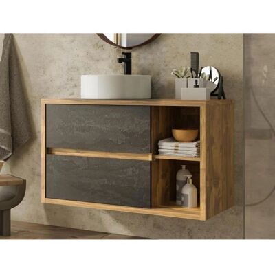 Mueble de baño suspendido con lavabo redondo - Color natural y antracita - 100cm Mueble de baño suspendido con lavabo redondo - Color natural y antracita - 100cm