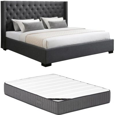 Cama tapizada gris 200x200 cm - Colchón y base Cama tapizada gris 200x200 cm - Colchón y base