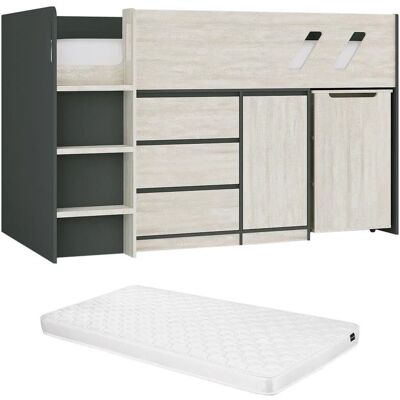 Vente-Unique Bed met bureau en opbergruimte - Antraciet & Lichtgrijs - Bed met Matras Vente-Unique Bed met bureau en opbergruimte - Antraciet & Lichtgrijs - Bed met Matras