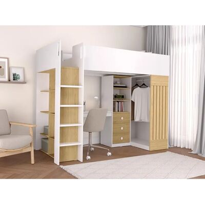 LORINTI Hochbett mit Schreibtisch und Schrank - 90x190cm - Modernes Design LORINTI Hochbett mit Schreibtisch und Schrank - 90x190cm - Modernes Design