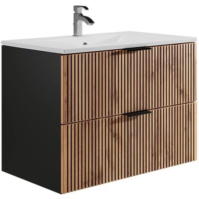 Meuble de salle de bain moderne mural avec lavabo - Naturel et noir - 80cm - MADELA - Publicité Meuble de salle de bain moderne mural avec lavabo - Naturel et noir - 80cm - MADELA - Publicité