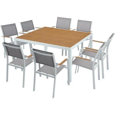 MYLIA Garden Dining Set - Square 140cm Table & 8 Stacking Chairs - Natural Light & Gray MYLIA Garden Dining Set - Square 140cm Table & 8 Stacking Chairs - Natural Light & Gray