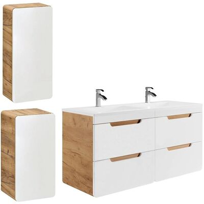 Meuble de salle de bain suspendu ARUBA avec lavabo en céramique et deux armoires - Publicité Meuble de salle de bain suspendu ARUBA avec lavabo en céramique et deux armoires - Publicité
