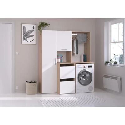 Meuble de buanderie ERKANO avec barre pour vêtements - Naturel clair et blanc - L157 x H184 cm - Publicité Meuble de buanderie ERKANO avec barre pour vêtements - Naturel clair et blanc - L157 x H184 cm - Publicité