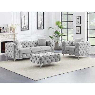 Vente-unique Edwina Ensemble Canapé Chesterfield Velours Gris Clair - Publicité Vente-unique Edwina Ensemble Canapé Chesterfield Velours Gris Clair - Publicité