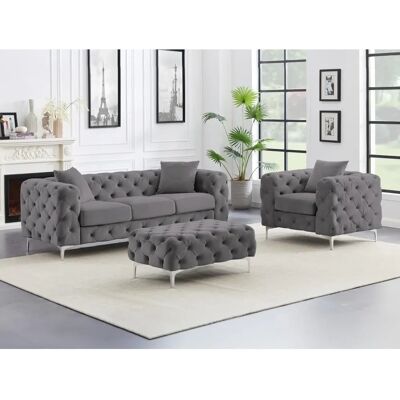 Ensemble Canapé Chesterfield Velours Edwina Gris Anthracite - Publicité Ensemble Canapé Chesterfield Velours Edwina Gris Anthracite - Publicité