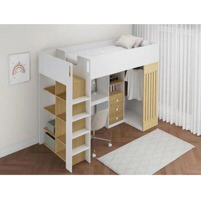 LORINTI Litera haute 90x190 cm avec bureau et penderie - Publicité LORINTI Litera haute 90x190 cm avec bureau et penderie - Publicité