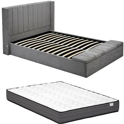 Lit de rangement gris 140x190 - Avec coffre et matelas - Publicité Lit de rangement gris 140x190 - Avec coffre et matelas - Publicité