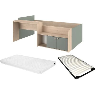Lit avec bureau et armoire MIVONA - Économise espace, 90x190/200 cm, Naturel et vert - Publicité Lit avec bureau et armoire MIVONA - Économise espace, 90x190/200 cm, Naturel et vert - Publicité