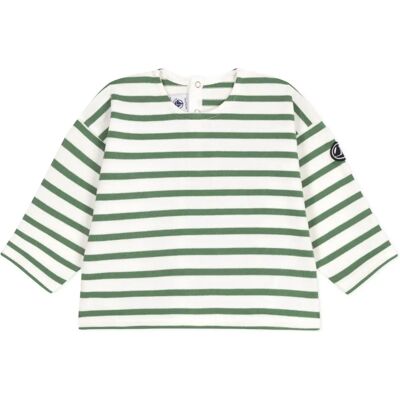 Sweatshirt Bébé en Coton à Rayures Petit Bateau - Marshmallow/Green Sweatshirt Bébé en Coton à Rayures Petit Bateau - Marshmallow/Green