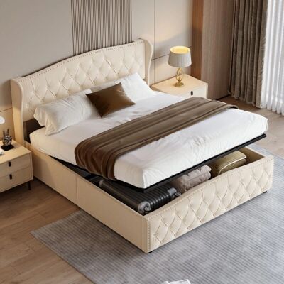 TANANT - Letto contenitore imbottito 160x200 cm - 160x200 cm - Tejido de lino - cabecero con diamantes - Cama con almacenamiento TANANT - Letto contenitore imbottito 160x200 cm - 160x200 cm - Tejido de lino - cabecero con diamantes - Cama con almacenamiento