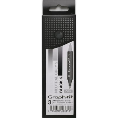 Ensemble de 3 marqueurs Graph'it - Dégradé Black & White - Feutre à alcool - OZ-GI00381 - Publicité Ensemble de 3 marqueurs Graph'it - Dégradé Black & White - Feutre à alcool - OZ-GI00381 - Publicité