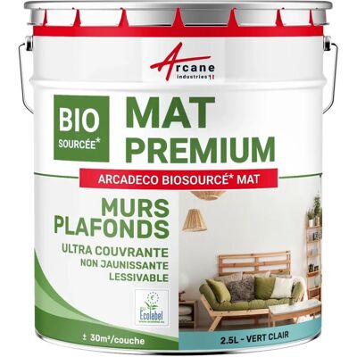 Peinture mate Arcadeco Biosourcé - 2,5L Vert clair pour murs & plafonds - Publicité Peinture mate Arcadeco Biosourcé - 2,5L Vert clair pour murs & plafonds - Publicité