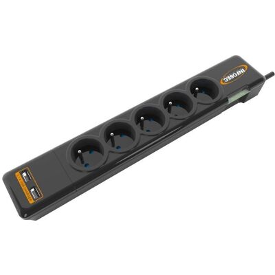 Infosec S5 USB NEO Schwarzer Überspannungsschutz - Mehrfachstecker mit 5 Steckdosen & 2 USB Infosec S5 USB NEO Schwarzer Überspannungsschutz - Mehrfachstecker mit 5 Steckdosen & 2 USB