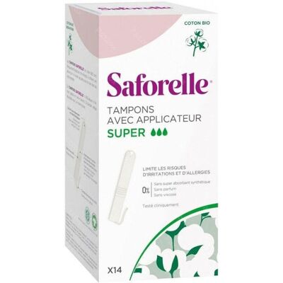 Tampons Super en Coton Bio avec Applicateur - Saforelle - Hygiène Feminine - Publicité Tampons Super en Coton Bio avec Applicateur - Saforelle - Hygiène Feminine - Publicité