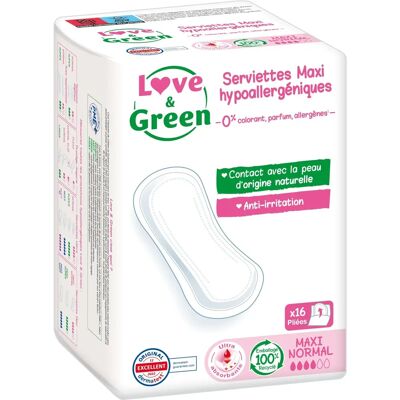 Serviettes hygiéniques hypoallergéniques Love & Green - 16 unités Serviettes hygiéniques hypoallergéniques Love & Green - 16 unités
