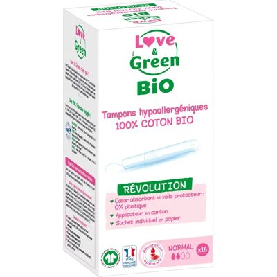 Tampons en coton bio Love & Green avec applicateur - Protection hygiénique - Publicité Tampons en coton bio Love & Green avec applicateur - Protection hygiénique - Publicité