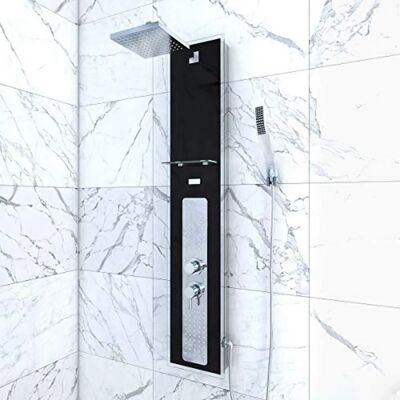 AURLANE Douchekolom - 22x125cm - Gegoten glas - Roestvrijstalen paneel - Zwart AURLANE Douchekolom - 22x125cm - Gegoten glas - Roestvrijstalen paneel - Zwart