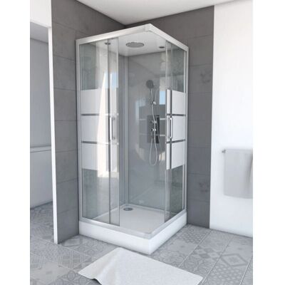 AURLANE - Cabine de Douche Carrée 90x90x215 cm - Gris avec Bande Satinée - Stripe Square - Publicité AURLANE - Cabine de Douche Carrée 90x90x215 cm - Gris avec Bande Satinée - Stripe Square - Publicité