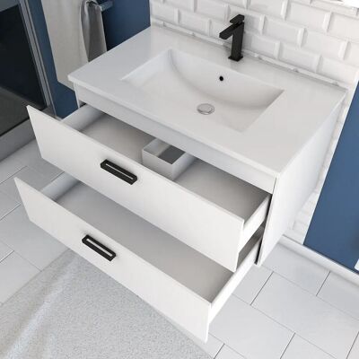 Meuble de Salle de Bain Blanc Aurlane - Suspendu 80cm avec Tiroirs & Miroir - Publicité Meuble de Salle de Bain Blanc Aurlane - Suspendu 80cm avec Tiroirs & Miroir - Publicité