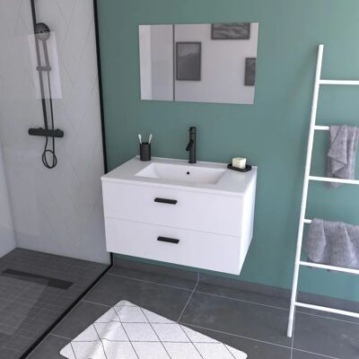 Meuble de Salle de Bain Blanc Aurlane - Suspendu 80cm avec Tiroirs & Miroir - Publicité Meuble de Salle de Bain Blanc Aurlane - Suspendu 80cm avec Tiroirs & Miroir - Publicité