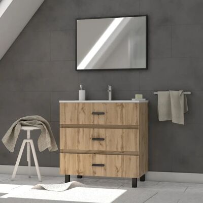 Aurlane - Ensemble de meubles de salle de bain en chêne industriel - 2 tiroirs - Miroir - Publicité Aurlane - Ensemble de meubles de salle de bain en chêne industriel - 2 tiroirs - Miroir - Publicité